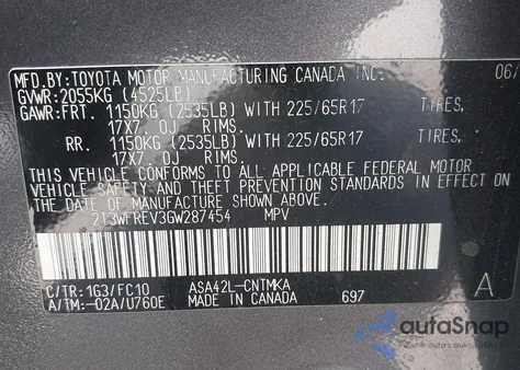 2016 Toyota Rav4 Xle из США, поврежденный, VIN 2T3WFREV3GW287454